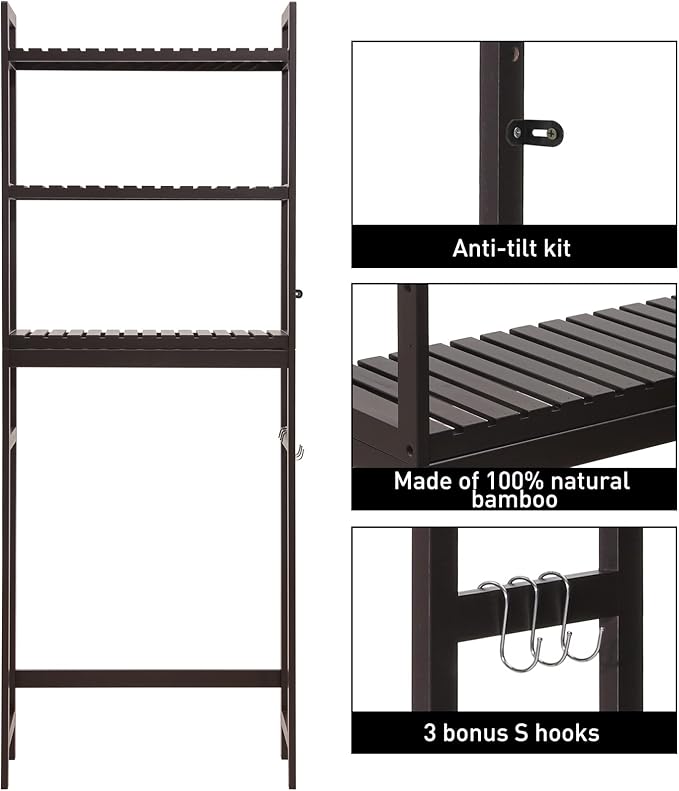 HITOMEN Over The Toilet Storage Cabinet, Bamboo Adjustable 3-Tier Above Toilet Shelf, Stable Freestanding Above Toilet Organizer with 3 Hooks for Bathroom Restroom Laundry Balcony, Dark Brown 67" H