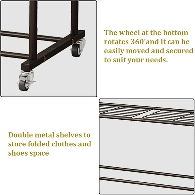 Clothes Rack with Wheels Garment Rack for Hanging Heavy-Duty Clothing Rack Metal Rolling Clothes Shelves for Bedroom, Closet (Black)-NeatNest