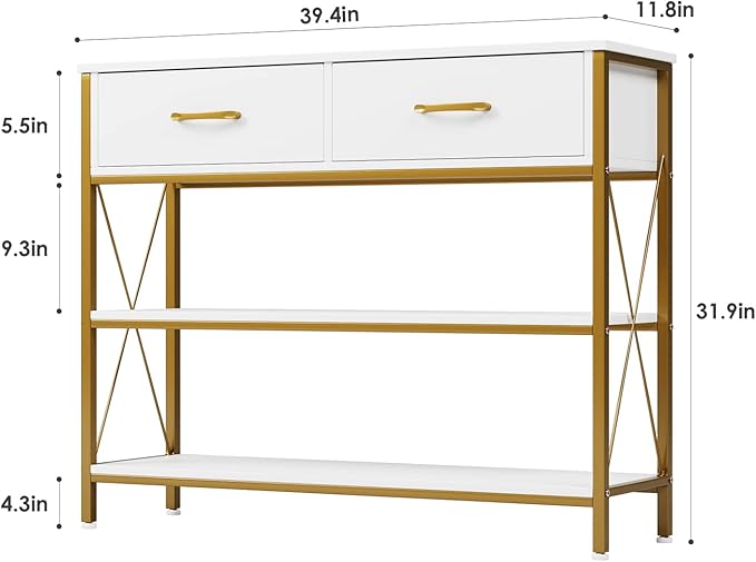 HITHOS Industrial Console Table with Drawers, Vintage Hallway Foyer Table with Storage Shelves, Narrow Long Sofa Entryway Table for Living Room, White/Gold-NeatNest