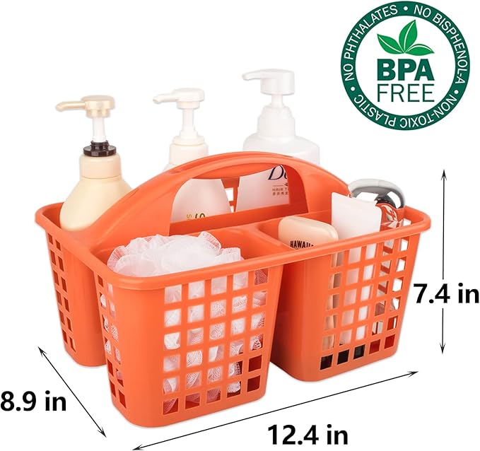 JiatuA Portable Shower Caddy Basket with Compartments Cleaning Supplies Organizer with Handle Plastic Storage Divided Tool Bin for Bathroom, Bedroom, Kitchen, College Dorm, Garden, Under Sink, Orange