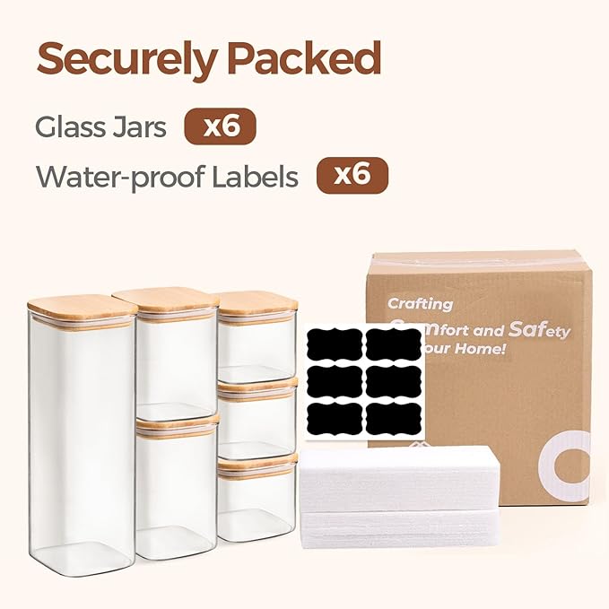 ComSaf Food Storage Containers with Airtight Lids Set of 6, Clear Glass Canister Food Jar with Sealing Lid Kitchen Pantry Storage Container for Spaghetti Pasta Sugar Flour Oat Cereal Beans, Square-NeatNest