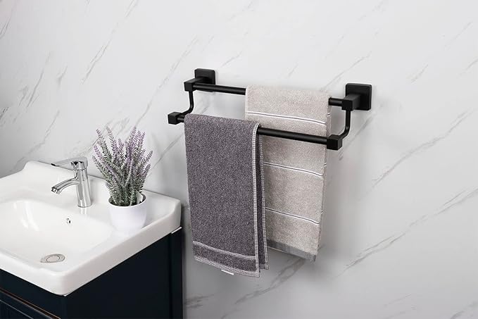 TocTen Double Bath Towel Bar - Thicken SUS304 Stainless Steel Towel Rack for Bathroom, Bathroom Accessories Double Towel Rod Heavy Duty Wall Mounted Square Towel Holder (Matte Black,16 INCH)