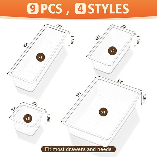 Clear Drawer Organizers of 9 PCS Plastic Drawer Organizer Bins, 4 Sizes Clear Plastic Drawer Organizers and Storage Bins for Bathroom Kitchen Office Organizers and Storage Containers-NeatNest