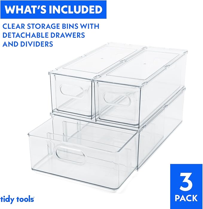 Clear Refrigerator Organizer Bins For Pantry Organization and Food Storage, Stackable Plastic Storage Bin With Pull-Out Drawer – Kitchen Containers, 3 Pack