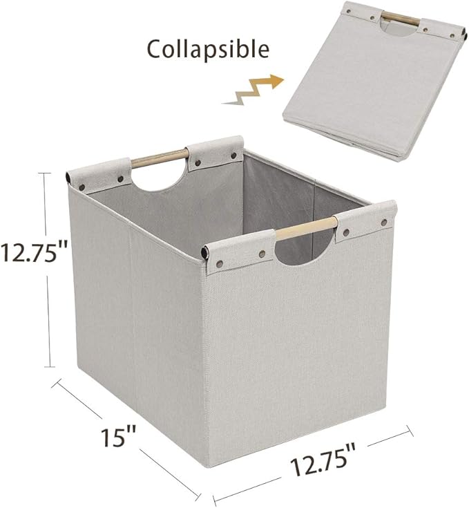 HOONEX Large Foldable Storage Bins, Linen Fabric, 2 Pack, with Wooden Carry Handles and Sturdy Heavy Cardboard, for Home, Office, Car, Nursery, Beige