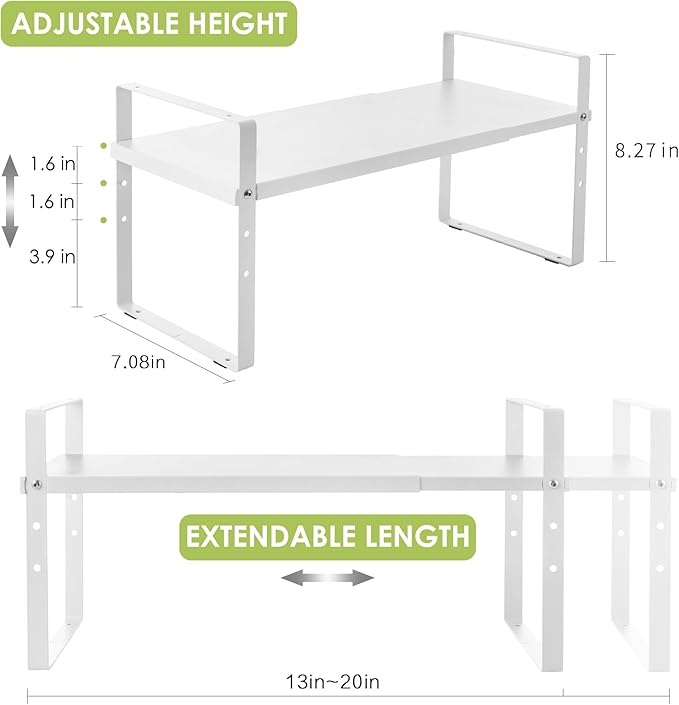 Expandable Cabinet Shelf Organizer Rack, Stackable Kitchen Counter Storage Shelves Stand, Adjustable Height Pantry Shelf Spice Rack (White, 1 Pack)-NeatNest