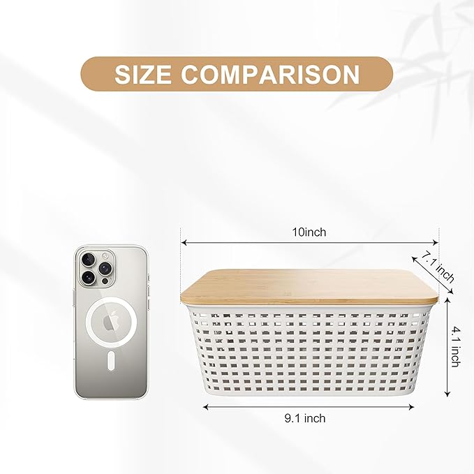 6-Pack Small 5 Qt Stackable Storage Bins with Bamboo Lids - Decorative Cute Plastic Baskets Boxes Containers with Labels for Organizing Shelves, Classroom, Closet, Desktop, Office-White-NeatNest