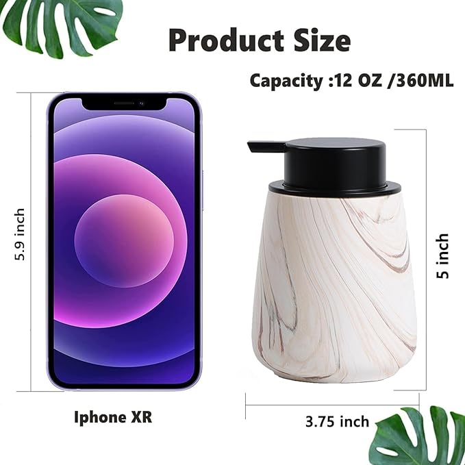 12Oz Foam Hand Soap Dispenser - Modern Ceramic Foaming Soap Dispenser with Easy-to-Press Pump, Reusable and Refillable Liquid Dish Soap Dispensers for Bathroom & Kitchen, Marble Brown-NeatNest