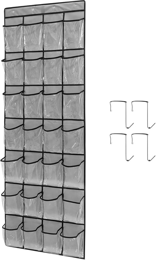 28 Large 1 Pack Transparent Pockets Over The Door Shoe Organizer Sturdy Hanging Shoe Rack for Door Closet Sneakers or Accessories, 4 hooks（Grey&Black）-NeatNest