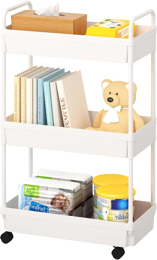 3-Tier Storage Cart，Shelf Organizer Mobile Shelving ，Utility Rolling Cart，Multifunction Movable Storage Organizer with Lockable Wheels,White-NeatNest
