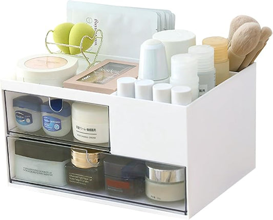 Makeup Organizer with 2 Drawers, Desk Organizer, 4 Compartments, Cosmetics Storage Box for nail polish,Lipstick, Brushes, Jewelry, Skincare, Bathroom Organization Boxes - White-NeatNest