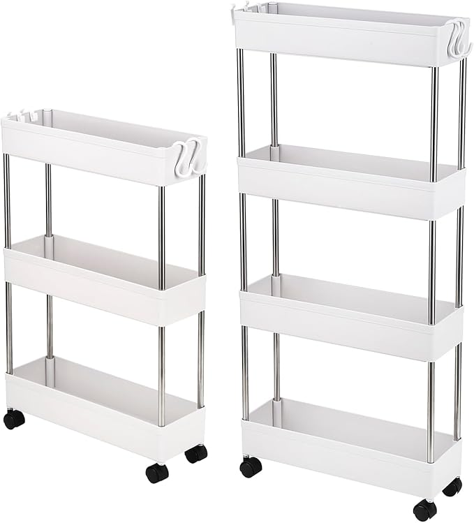 3-Tire Slim Storage Cart with 4 Hooks, Multi-Functional Narrow Rolling Kitchen Shelving Unit for Kitchen, Bathroom, Laundry Room, Office, White