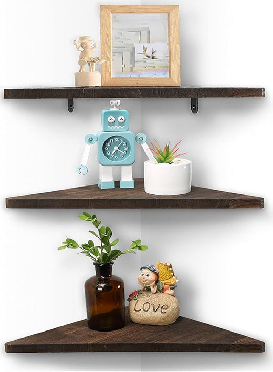 Joiishom Corner Wall Shelf Set of 3, Floating Corner Shelves, Rustic Wood Wall Storage Display Shelves for Living Room, Bedroom, Bathroom, Kitchen (Dark Brown)-NeatNest