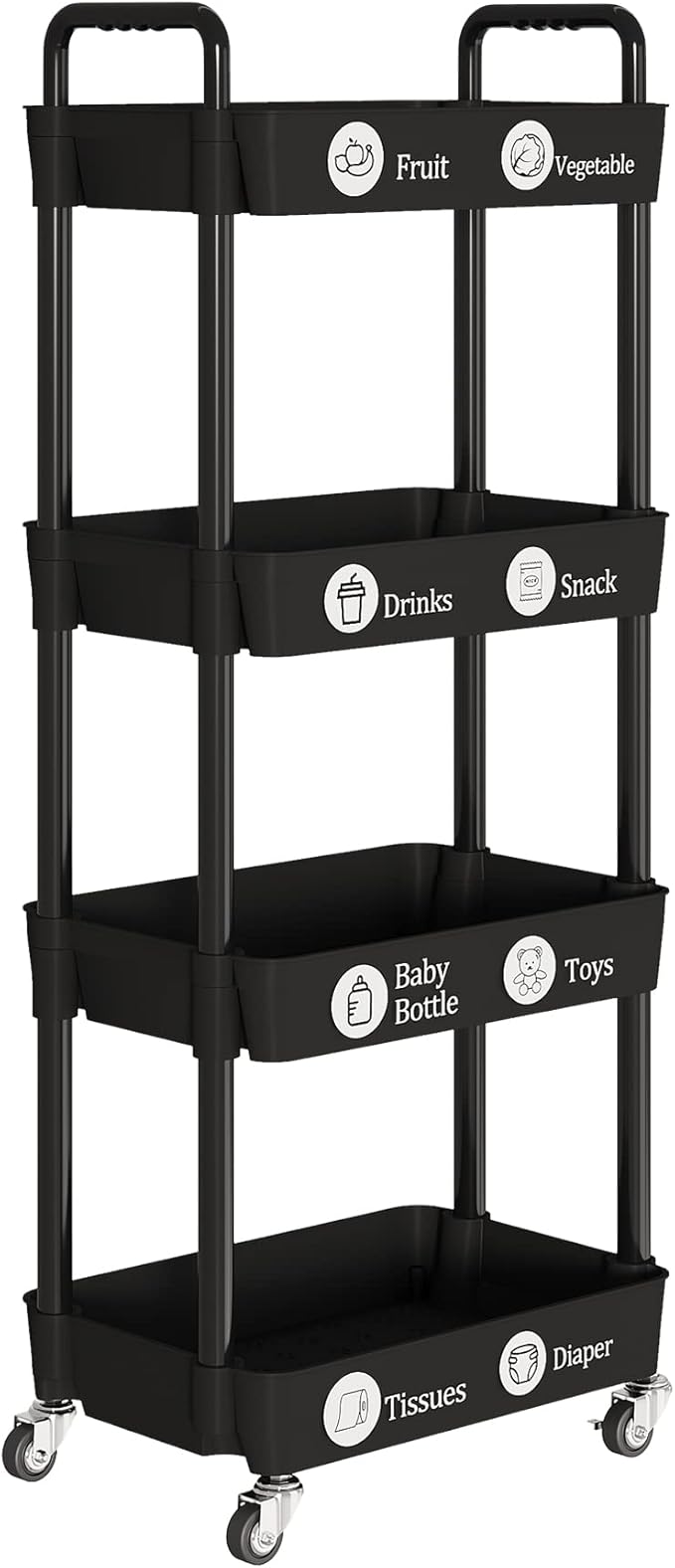 Laiensia 4-Tier Rolling Cart with Wheels,Multifunction Utility Storage carts, Kitchen Storage Organizer,Mobile Shelving Unit for Bathroom,Laundry,with Classified Stickers,Black-NeatNest