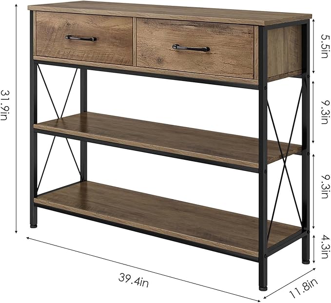 HITHOS Industrial Console Table with Drawers, Vintage Hallway Foyer Table with Storage Shelves, Narrow Long Sofa Entryway Table for Living Room, Rustic Brown-NeatNest