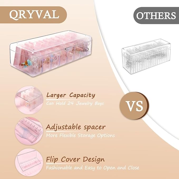 Jewelry Organizer and Storage Box with 24 EVA Anti Tarnish Bags, Travel Acrylic Case for Earrings, Necklaces & Rings, Elegant Gift for Women & Girls (S&Organizer(Clear))-NeatNest