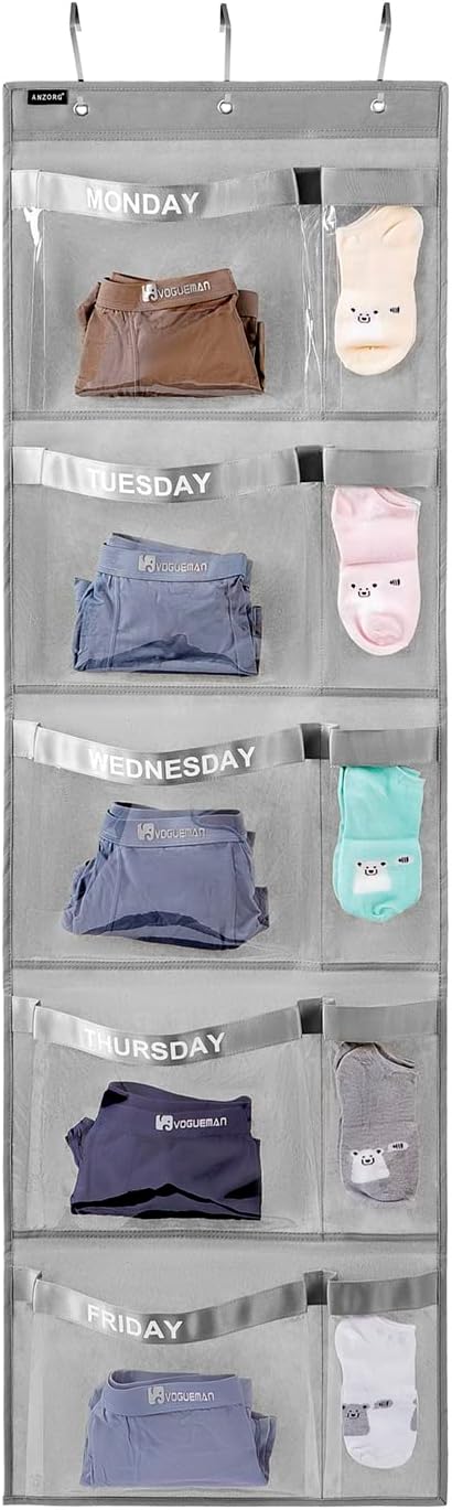 Weekly Kids Clothes Organizer Day of Week School Clothing Storage Monday to Friday Hanging Closet Organizer (Grey)-NeatNest