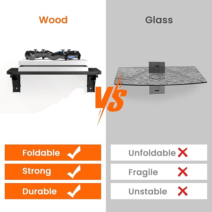 Homode Floating Entertainment Shelf, Folding Projector Shelf, Holds Up to 30lbs, Wooden Wall Mounted Shelves for DVD Players, Cable Boxes, Game Consoles, Living Room Decor Accessories, Black