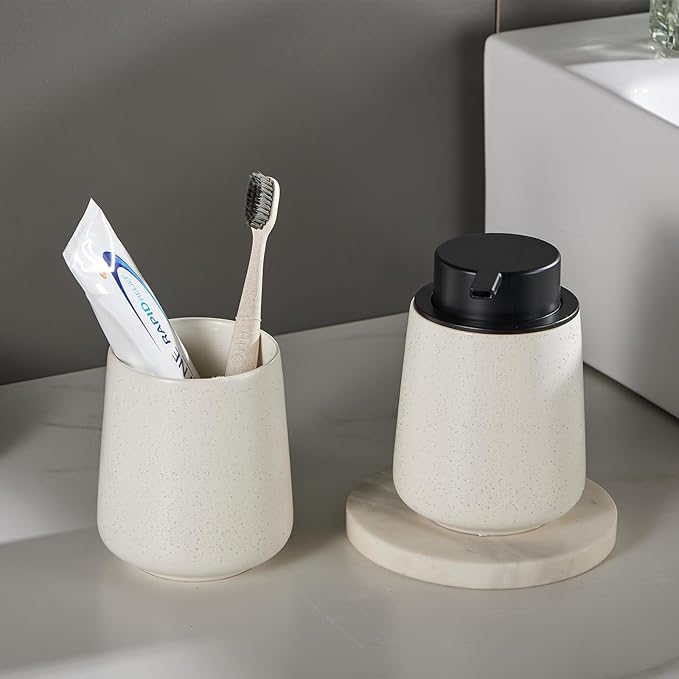 12Oz Beige Soap Dispenser Set - Ceramic Speckled Lotion Hand Soap Dispenser Set with Easy-to-Press Black Pump, Refillable Mordern Liquid Dish Soap Dispensers for Bathroom & Kitchen, 2 Pack-NeatNest