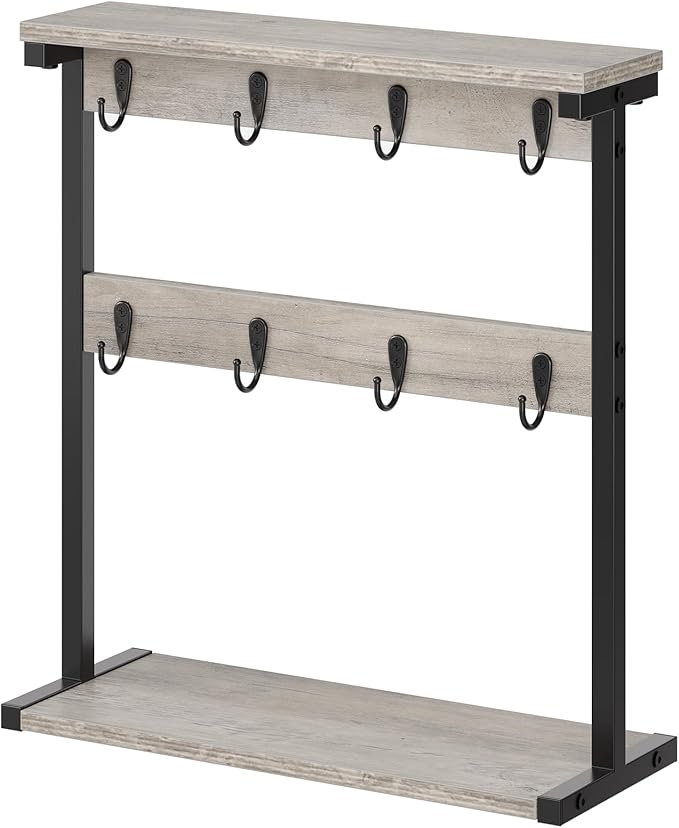 Coffee Mug Holder for Counter, 2 Tier Mug Tree Rack, with 8 Hook and 2 Open Shelves, Vintage Mug Holder Stand for Home Kitchen, Greige MH43BG-NeatNest