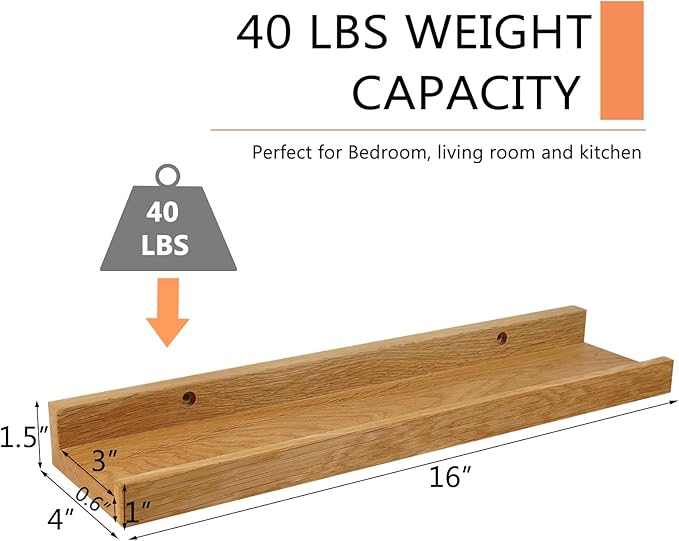 Floating Shelves Wall Mounted, 16 Inch Wall Shelves for Decor and Storage, Natural Solid Oak Wood Shelf, Picture Ledge for Bedroom/Bathroom/Living Room/Kitchen/Laundry Room, Natural Color-NeatNest