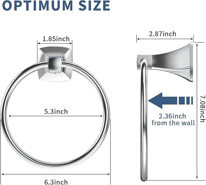 Hand Towel Holder for Bathroom Polished Chrome Towel Ring Stainless Steel and Zinc Alloy Towel Hanger Wall Mount for Bath, Kitchen, 2 Pack