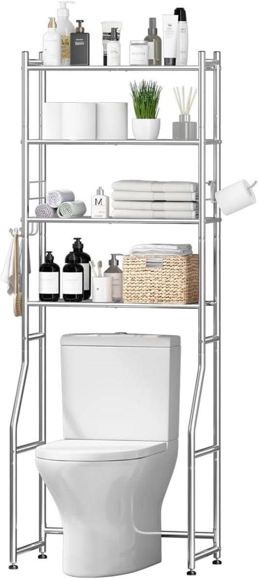 4-Tier Over The Toilet Rack, Shelf Bathroom, Bathroom Storage Organizer with 4 Hooks and Holder Space Saver, Chrome