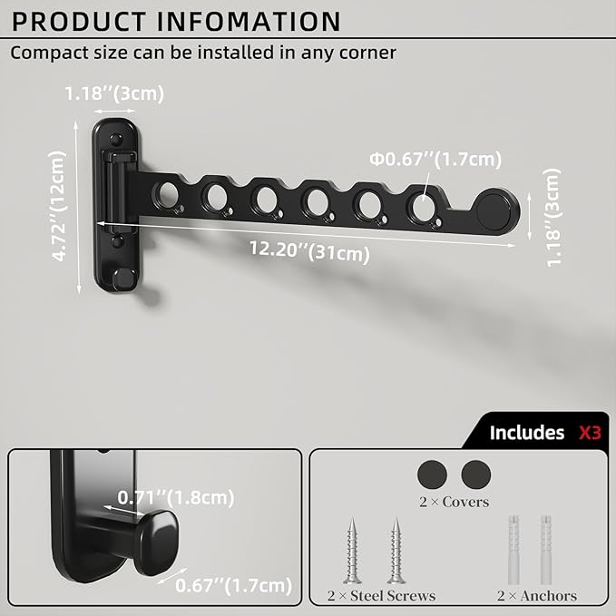 Wall Mounted Clothes Hanger Rack Foldable Drying Rack Hook Folding Indoor for Laundry Room Organization Bedroom Collapsible Racks Perfect for Small Spaces, 6 Hole Black 2 Packs
