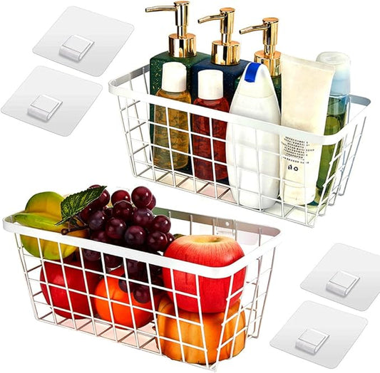 2 Set LeleCAT Hanging Wall Basket Organizer, Over the Cabinet Door Adhesive Wire Baskets for Organizing Kitchen Food Pantry Bathroom Shelf Storage No Drilling Wall Mounted,White-NeatNest