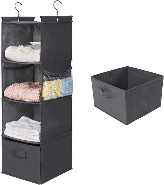 MAX Houser 4-Shelf Hanging Closet Organizer, Space Saver, Cloth Hanging Shelves with 2 Side Pockets, Foldable (Grey)-NeatNest