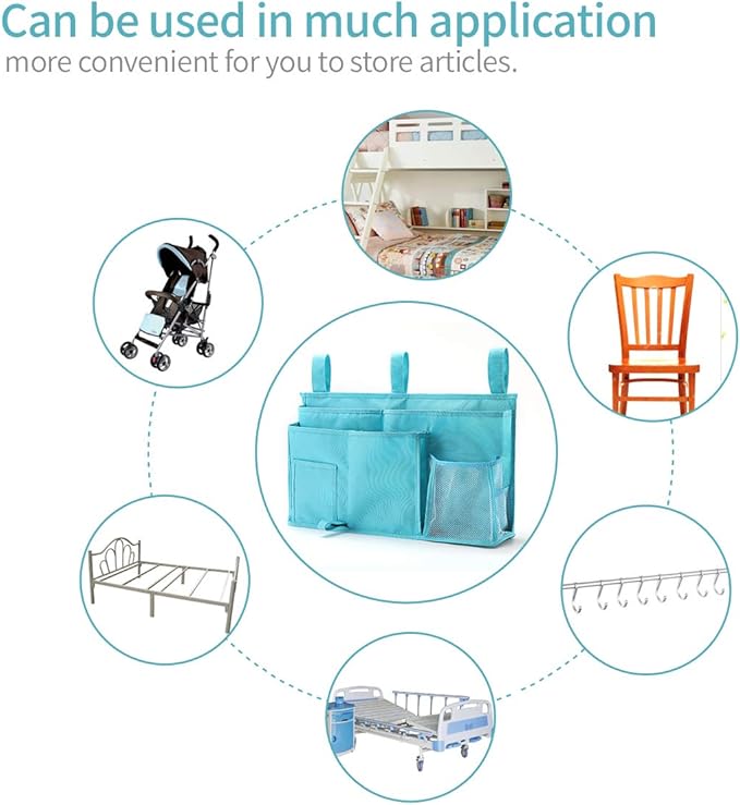 Bseash Bunk Bed Organizer, Bedside Caddy Hanging Bed Organizer Storage Bag 8 Pockets, for College Dorm Rooms Bed, Hospital Bed, Baby Bed Rails, 600D Oxford Cloth (Light Blue)-NeatNest
