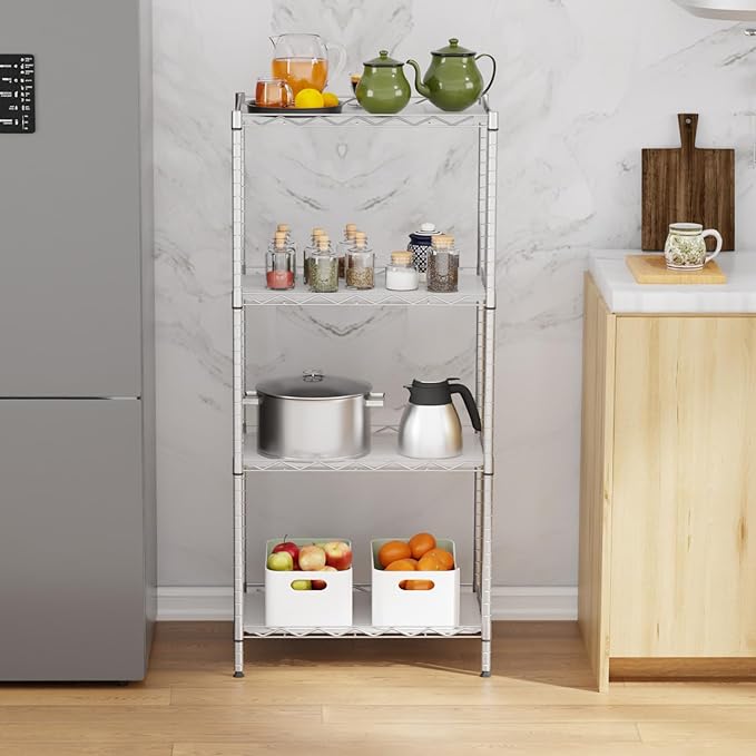 4-Tier Wire Shelving Unit 600 lbs Weight Capacity Storage Shelves Metal Frame Garage Shelves Easy Installation Metal Shelves for Home Kitchen Garage Pantry, 12" Dx18 Wx44 H, Chrome