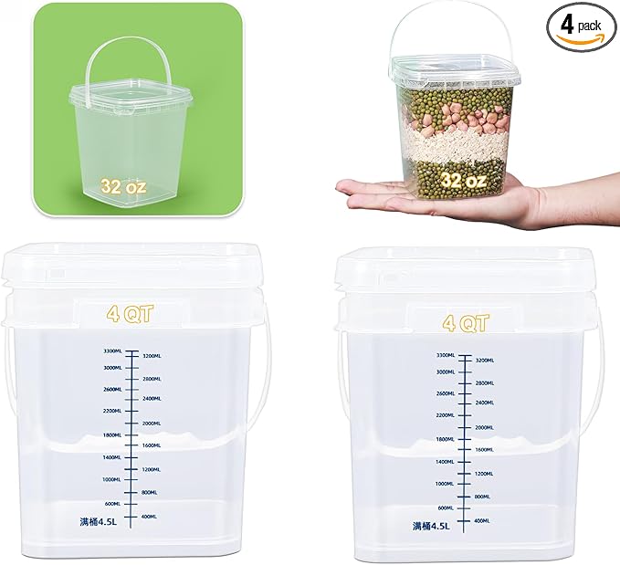 1Gal Clear Square Bucket with Airtight Lids, BPA-Free Food Storage Container for Kitchen Pantry, Meal Prep, Snack, Rice, Flour, Pet Food - Transparent Bucket with Scale Marks (2x4 Qt, 2x1 Qt)