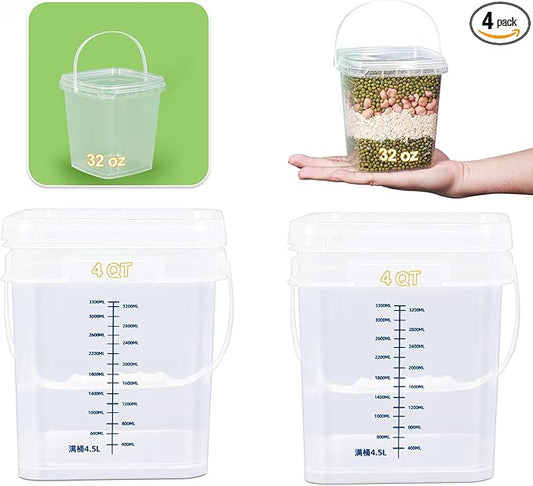 1Gal Clear Square Bucket with Airtight Lids, BPA-Free Food Storage Container for Kitchen Pantry, Meal Prep, Snack, Rice, Flour, Pet Food - Transparent Bucket with Scale Marks (2x4 Qt, 2x1 Qt)