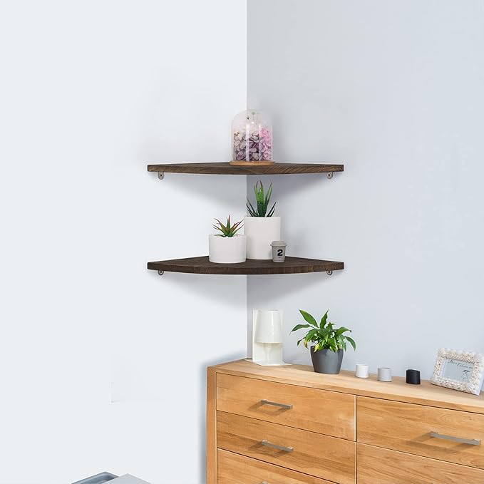10 inch Corner Wall Shelf, Set of 2 Solid Wood Corner Floating Shelves for Wall, Round End Wall Mounted Floating Corner Shelf for Bedroom, Living Room and Kitchen (Brown-10 inch)-NeatNest