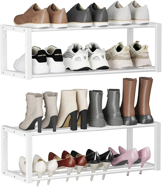 Homeiju Hanging Shoe Organizer,2 Pack Wall Mounted Shoe Rack Holds 12 Pairs,Space Saving Metal Wall Shoe Rack,Hanging Shoe Rack Shoe Holder for Small Space,Entryway,Closet,RV,Camper (White-NeatNest