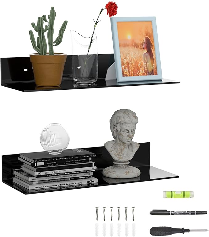 17 Inches Acrylic Wall Shelves 2 Pack, Floating Shelf for Wall Mounting, Acrylic Display Ledges for Funko Pop Figures, Home Décor, Living Room, Gaming Room, Plants(17 inch, Black)-NeatNest