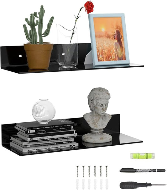 17 Inches Acrylic Wall Shelves 2 Pack, Floating Shelf for Wall Mounting, Acrylic Display Ledges for Funko Pop Figures, Home Décor, Living Room, Gaming Room, Plants(17 inch, Black)-NeatNest