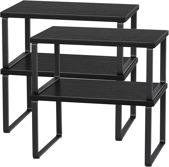 CADUKE Set of 4 Kitchen Counter Shelves Stackable Shelf Organizer Wood Countertop Shelf Expandable Cabinet Shelf Organizers Countertop Storage Rack for Pantry, Industrial Black-NeatNest