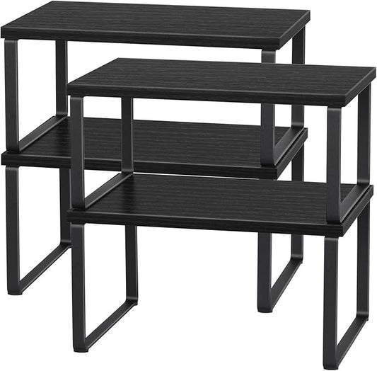 CADUKE Set of 4 Kitchen Counter Shelves Stackable Shelf Organizer Wood Countertop Shelf Expandable Cabinet Shelf Organizers Countertop Storage Rack for Pantry, Industrial Black-NeatNest