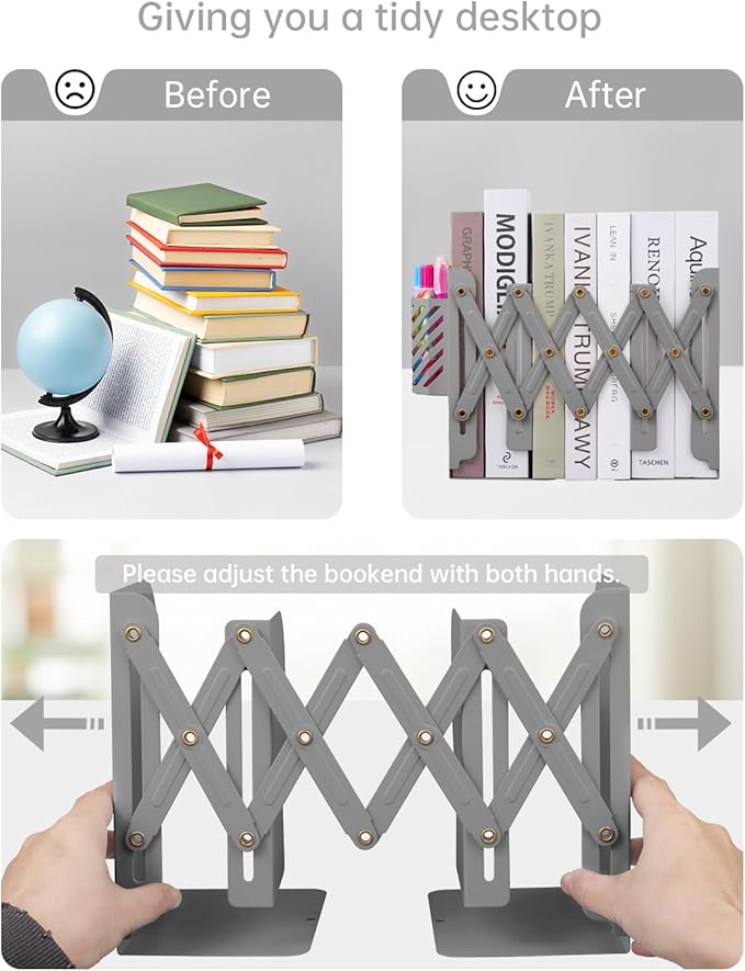 Honagu Adjustable Bookends, Metal Book Ends for Shelves Heavy Book, Desk Magazine File Organizer for Home, Office, Books, Papers, Extends up to 19 inches with Pen Holder (Grey)