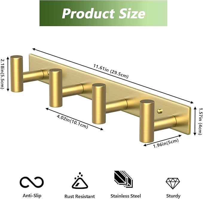 Wall Mounted Coat Rack-4 Hooks, Heavy Duty Stainless Steel Hook Rail for Towel Coat Hat Purse Bag Jacket, Towel Hooks for Entryway Bathroom Kitchen (Gold 4 Hooks - 1 Pack)-NeatNest