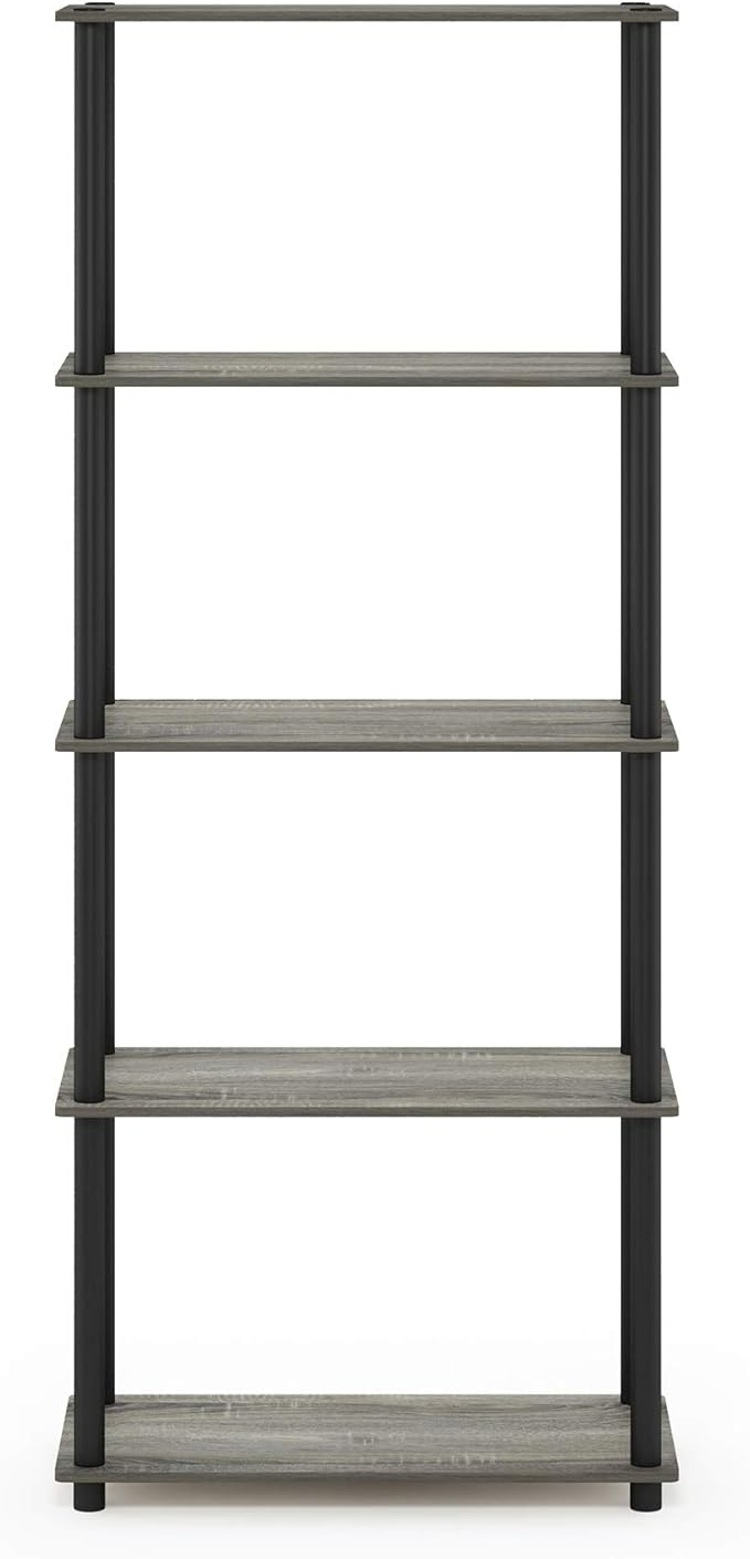 Furinno Turn-N-Tube 5-Tier Multipurpose Shelf / Display Rack / Storage Shelf / Bookshelf, Round Tubes, French Oak Grey/Black-NeatNest