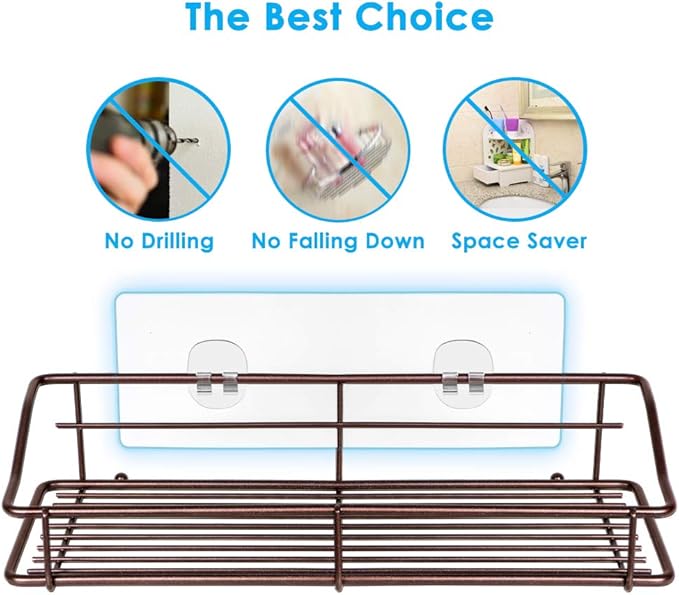 Nieifi Shower Caddy Shelf with Hooks Storage Rack Organizer Adhesive Stainless Steel without Drilling for Bathroom, Lavatory, Washroom, Restroom, Shower, Toilet, Kitchen (Brown, 3 Pack)-NeatNest