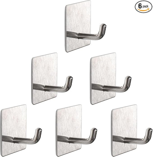 Bath Towel Hooks - 6 Pack Strong Self Adhesive Coat/Clothes Hooks, No Drilling Sticky Hooks, Heavy Duty 304 Stainless Steel Shower Wall Hook for Bathroom Kitchen Bedroom(Brushed Nickel)