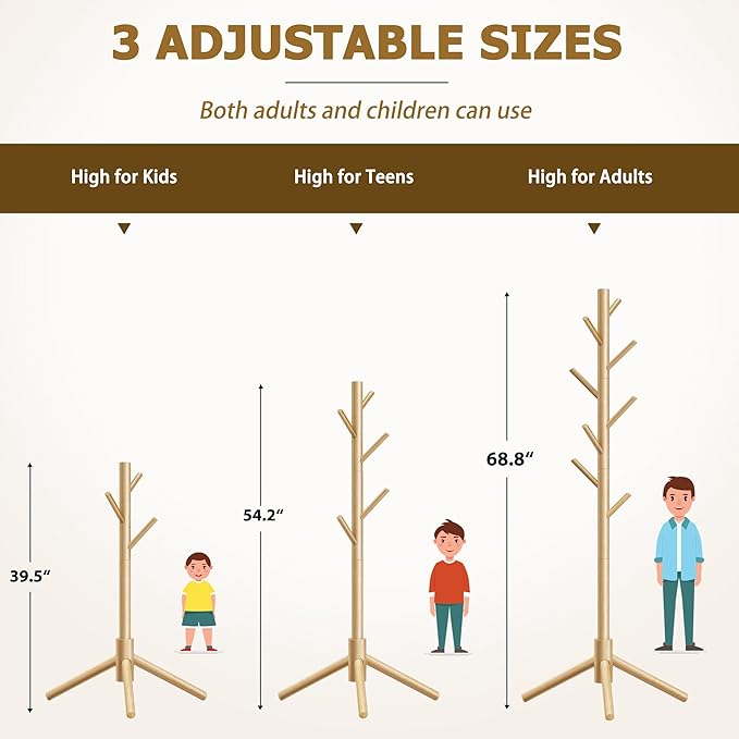 Wooden Coat Rack, Free Standing Coat Rack with 8 Hooks 3 Adjustable Heights for Clothes, Hats, Handbags, Coat Tree Easy Assembly for Entryway, Bedroom, Hallway, Office (New Nature)-NeatNest