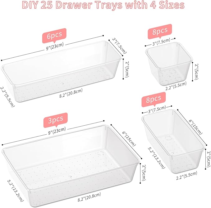 25 PCS Plastic Drawer Organizer Set, 4-size Clear Bathroom and Vanity Desk Drawer Organizer Trays, Non-Slip Versatile Storage Bins for Makeup Jewelry Office Kitchen Gadgets-NeatNest
