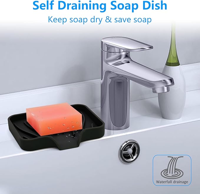 3-Pack Silicone Soap Dish, Sponge Holder for Sink, Kitchen Soap Tray, Bathroom Soap Holder, Sponge Tray with Drain (Black)-NeatNest