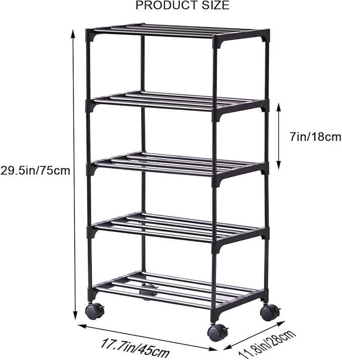5-Tier Small Shoe Rack with Wheels, Slide-Out Metal Shoe Racks Storage, Anti-Rust Coating, Stackable Design - 16.9W for Entryway, Kitchen, Living Room & Office - Black