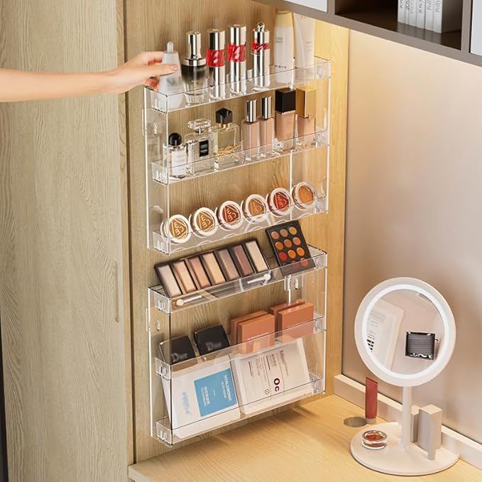 3 Layers Makeup Organizer Wall Mounted, Acrylic Invisible Floating Shelves with Anti-Slip Adhesive Backing, Sunglasses Display Rack, Nail Polish Storage, Clear (2 Pack)-NeatNest